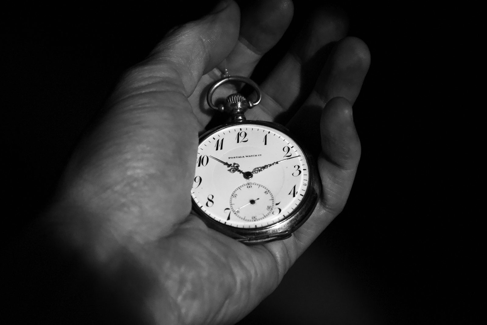 Un orologio da tasca antico appoggiato su una mano, in bianco e nero